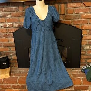 Blue Puff-Sleeve V-Neck Midi Dress